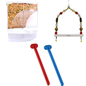 Kuşlar İçin Akıllı Yemlik + Boncuklu Muhabbet Kuşu Salıncağı + Kafes Tüneği (4'lü Set)