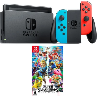 Nintendo Switch Renkli Mavi Kırmızı + Super Smash Bros Ultimate