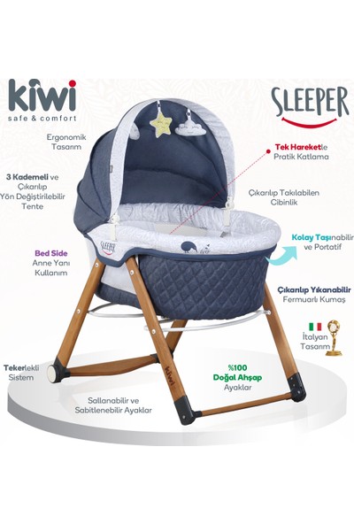 Kiwi Sleeper All İn One Naturel Ahşap Sallanabilen Katlanır Tekerli Bebek Beşiği Yaprak Desenli Gri