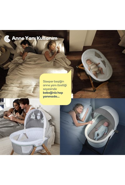 Kiwi Sleeper All İn One Naturel Ahşap Sallanabilen Katlanır Tekerli Bebek Beşiği Yaprak Desenli Gri