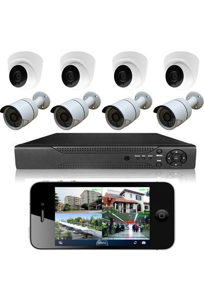 Elcam Dome Gece Görüşlü Güvenlik Kamera Seti 4 Dış 4 Iç 8 Kameralı Set 2mp Ahd