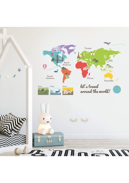 Areksan Reklam Dünya Haritası Let's Travel Çocuk Odası Eğitici Duvar Sticker