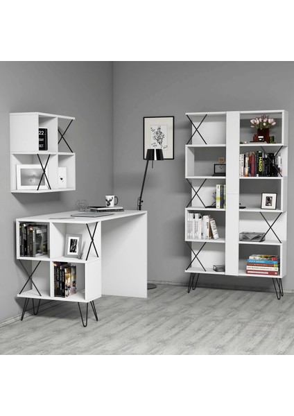 Variant Extra Duvar Raflı Çalışma Masası ve Kitaplık Takımı - Beyaz