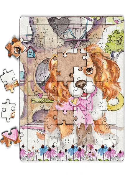 King Of Puzzle Sevimli Köpek ve Ağaç Ev Ahşap Puzzle 54 Parça (Lıv-22)