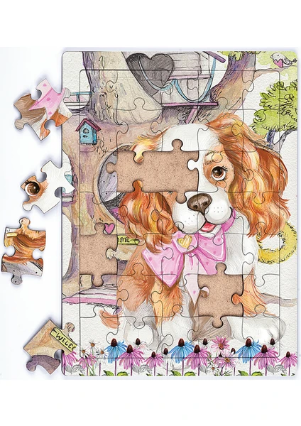 King Of Puzzle Sevimli Köpek ve Ağaç Ev Ahşap Puzzle 35 Parça (Xxxv-22)