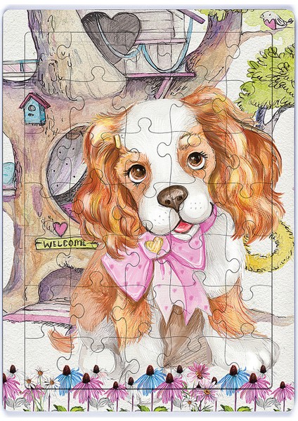 King Of Puzzle Sevimli Köpek ve Ağaç Ev Ahşap Puzzle 35 Parça (Xxxv-22)