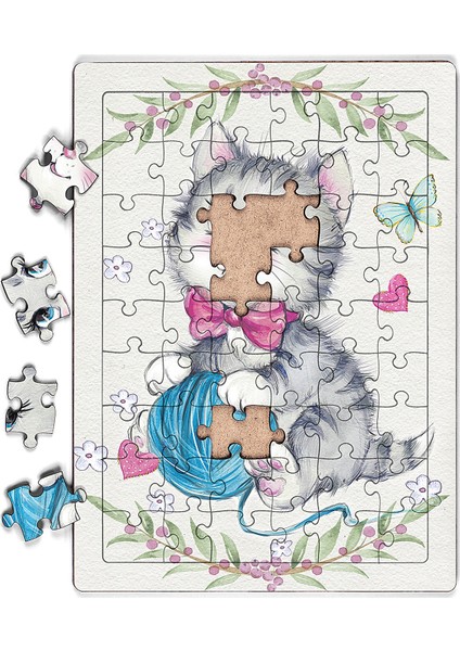 Minik Tekir ve Yumak Ahşap Puzzle 54 Parça (Lıv-17)