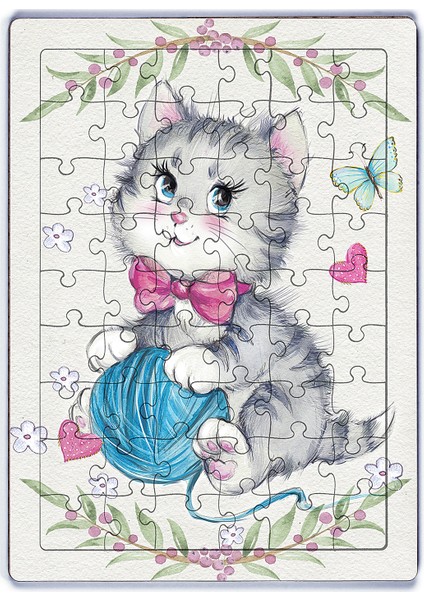 Minik Tekir ve Yumak Ahşap Puzzle 54 Parça (Lıv-17)