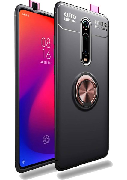 Xiaomi Mi 9T Kılıf Autofocus Shockprof Ravel Yüzüklü Standlı Slikon Kapak Siyah Rose Gold