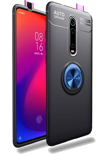 Xiaomi Mi 9T Kılıf Autofocus Shockprof Ravel Yüzüklü Standlı Slikon Kapak Siyah Mavi