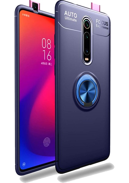 Xiaomi Mi 9T Kılıf Autofocus Shockprof Ravel Yüzüklü Standlı Slikon Kapak Mavi