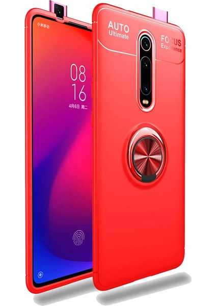 Xiaomi Mi 9T Kılıf Autofocus Shockprof Ravel Yüzüklü Standlı Slikon Kapak Kırmızı