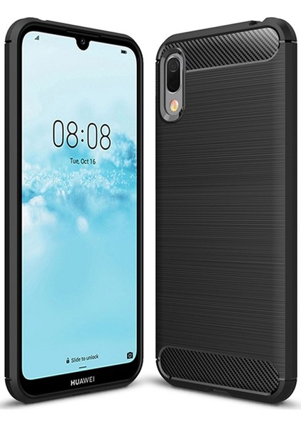 Huawei Enjoy 9e Brushed Carbon Fiber Silikon Kılıf - Siyah