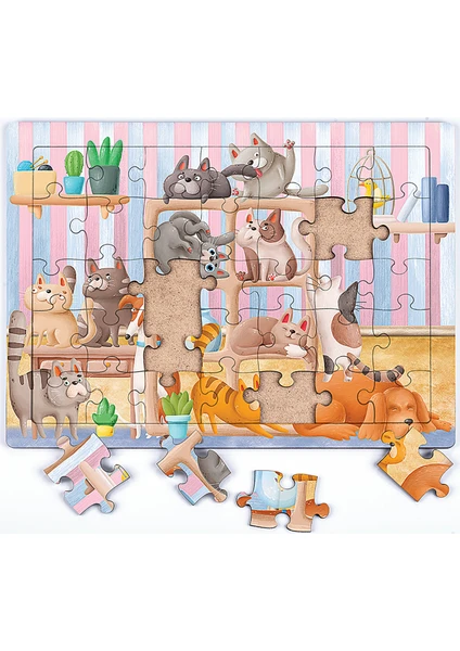 King Of Puzzle Kitaplıktaki Kediler Ahşap Puzzle 35 Parça (Xxxv-13)