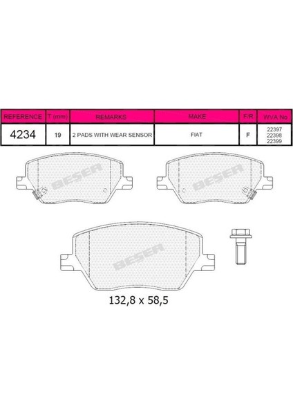 Beser Fren Balatası Ön Wva22397 22398 22398 Egea 1.3 1.4 1.6 1.6D 15