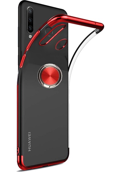 Huawei P30 Lite Kılıf Silikon Lazer Yüzüklü Standlı (Kırmızı) + Cam Ekran Koruyucu