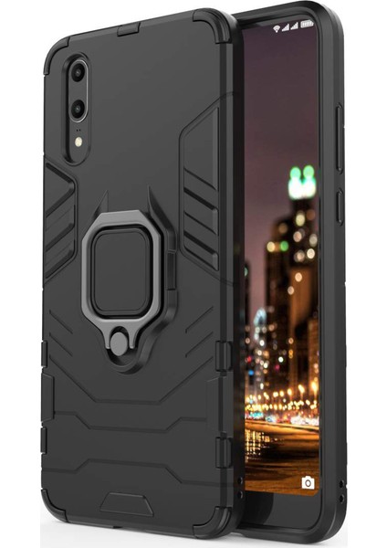 Huawei P20 Batman Serisi Yüzük Standlı Armor Kılıf - Siyah