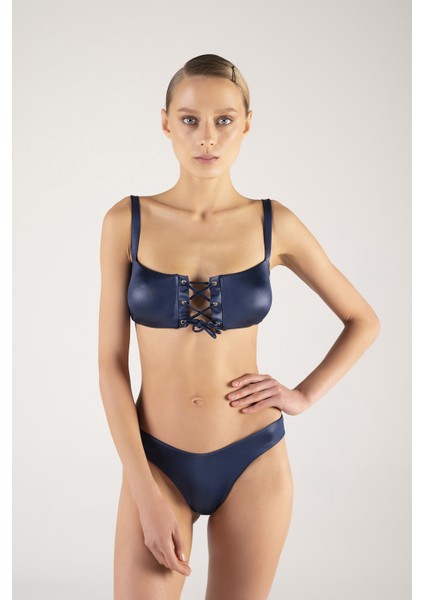Kuşgözlü Straplez Lacivert Bikini Takımı