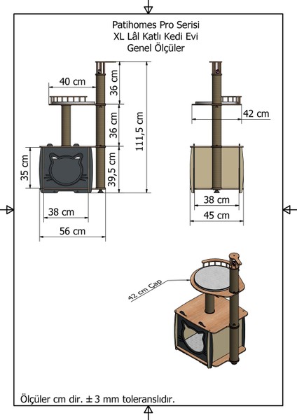 Patihomes XL Lâl Katlı Tırmalamalı Kedi Evi Gri