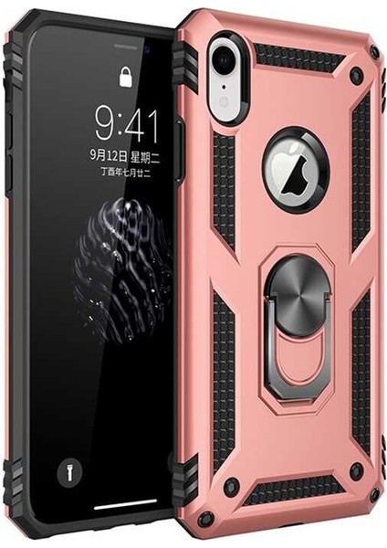 Apple iPhone XR Kılıf Yüzüklü Standlı Tank Silikon + Kırılmayan Esnek Nano Cam