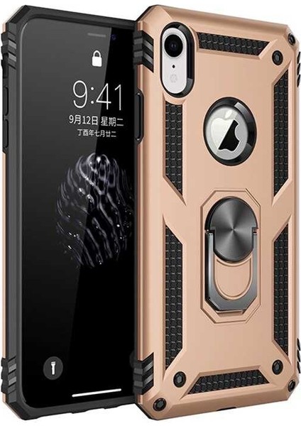 Apple iPhone XR Kılıf Yüzüklü Standlı Tank Silikon + Kırılmayan Esnek Nano Cam