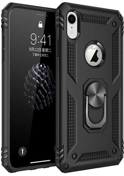 Apple iPhone XR Kılıf Yüzüklü Standlı Tank Silikon + Kırılmayan Esnek Nano Cam