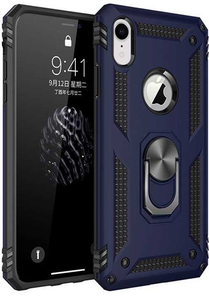 Apple iPhone XR Kılıf Yüzüklü Standlı Tank Silikon + Kırılmayan Esnek Nano Cam