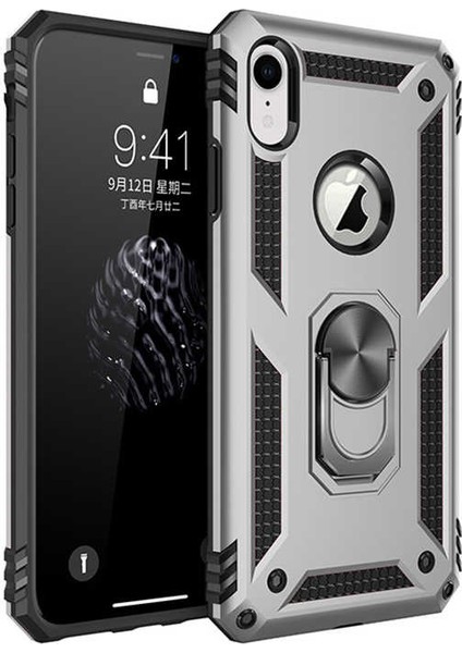 Apple iPhone XR Kılıf Yüzüklü Standlı Tank Silikon + Kırılmayan Esnek Nano Cam