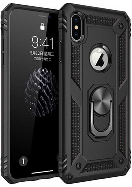 Apple iPhone XS Max Kılıf Yüzüklü Standlı Tank Silikon + Kırılmaz Cam