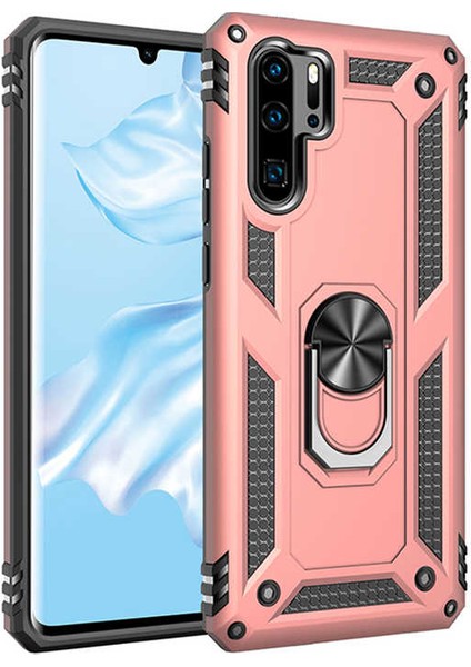 Huawei P30 Pro Kılıf Yüzüklü Standlı Tank Silikon + Kırılmaz Cam