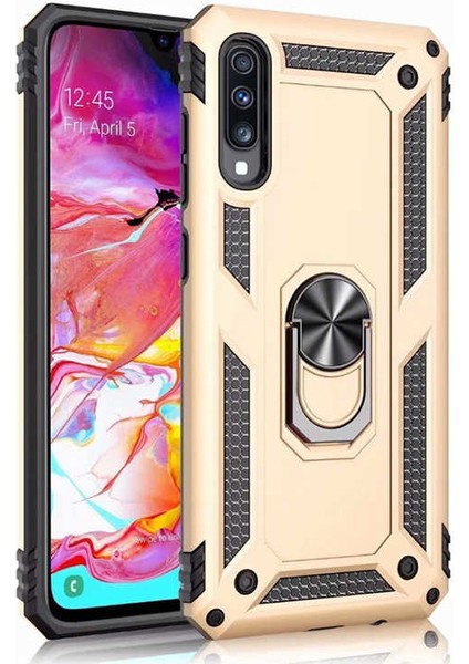 Samsung Galaxy A70 Kılıf SM-A705F Yüzüklü Standlı Tank Silikon + Kırılmaz Cam