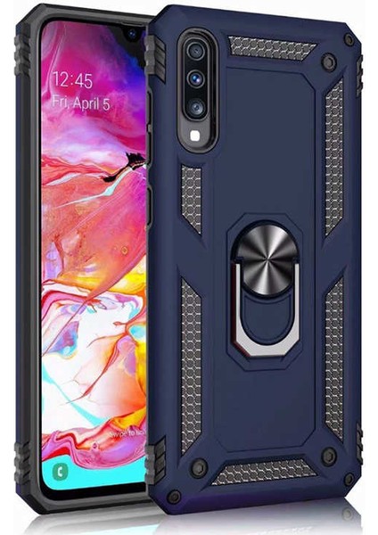 Samsung Galaxy A70 Kılıf SM-A705F Yüzüklü Standlı Tank Silikon + Kırılmaz Cam