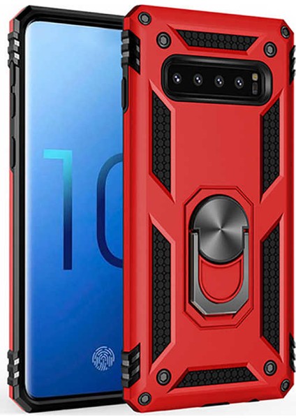 Samsung Galaxy S10 Kılıf SM-G973F Yüzüklü Standlı Tank Silikon + 5D Tam Ekran Koruyucu Cam