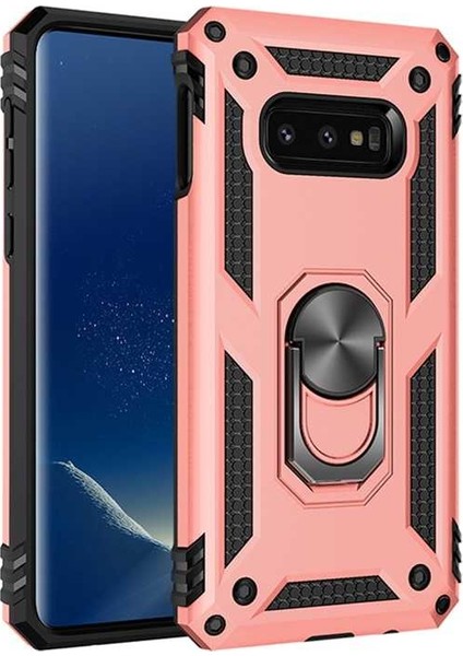 Samsung Galaxy S10e Kılıf SM-G970F Yüzüklü Standlı Tank Silikon + 5D Tam Ekran Koruyucu Cam