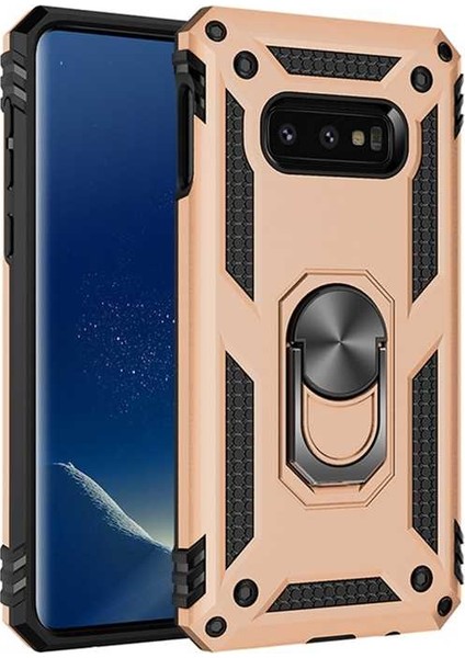 Samsung Galaxy S10e Kılıf SM-G970F Yüzüklü Standlı Tank Silikon + 5D Tam Ekran Koruyucu Cam