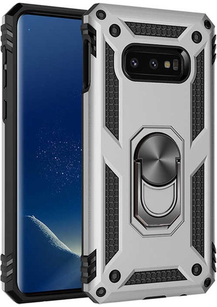 Samsung Galaxy S10e Kılıf SM-G970F Yüzüklü Standlı Tank Silikon + 5D Tam Ekran Koruyucu Cam