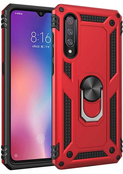 Xiaomi Mi 9 Kılıf Yüzüklü Standlı Tank Silikon + Kırılmayan Esnek Nano Cam
