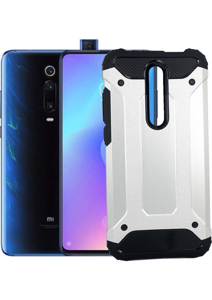 Xiaomi Mi 9T Kılıf Military Armor Çift Katmanlı Crash Silikon Kılıf Gümüş