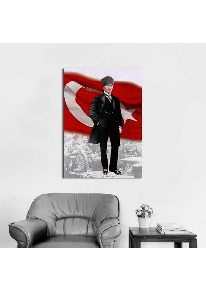 Türk Bayrağı ve Kalpaklı Atatürk Kanvas Tablo