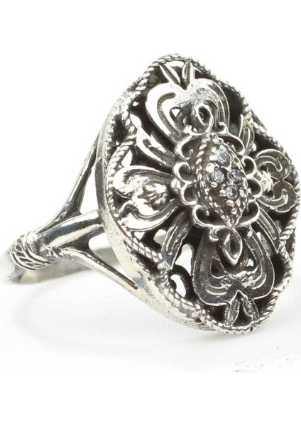 925 Ayar Gümüş Siyah Rodajlı Yonca Antik Desenli Yüzük