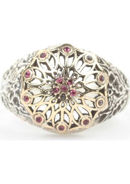925 Ayar Gümüş Antik Tasarım Kırmızı Taşlı Yüzük