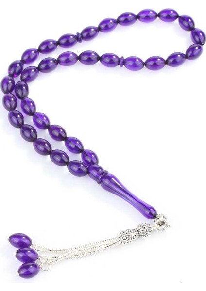 925 Ayar Gümüş Püsküllü Mavi Sıkma Kehribar Tesbih