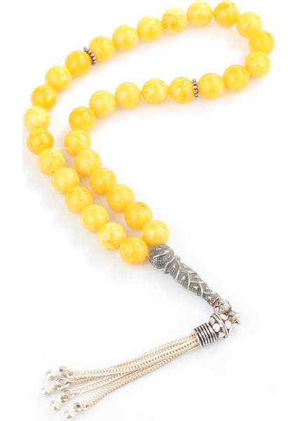 925 Ayar Gümüş Hardal Sarısı Sıkma Kehribar Tesbih