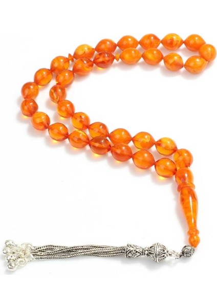 925 Ayar Gümüş Püsküllü Turuncu Renk Sıkma Kehribar Tesbih