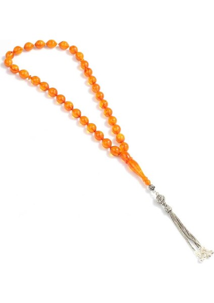 925 Ayar Gümüş Püsküllü Turuncu Renk Sıkma Kehribar Tesbih modelleri