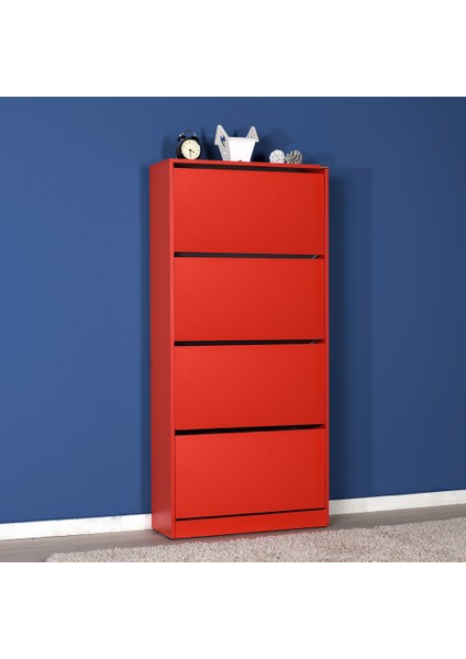 Flat Duo 4 Katlı Geniş Ayakkabılık Dolabı - Kırmızı