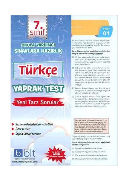 Bulut Eğitim ve Kültür Yayınları Eğitim 7. Sınıf Türkçe Yaprak Test