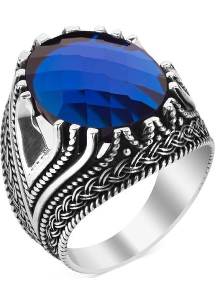 Fasetalı Zirkon Mavi Taşlı Gümüş Erkek Yüzük