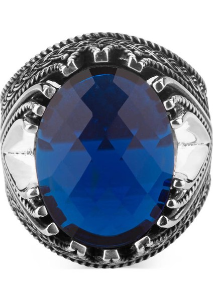 Fasetalı Zirkon Mavi Taşlı Gümüş Erkek Yüzük fiyatları