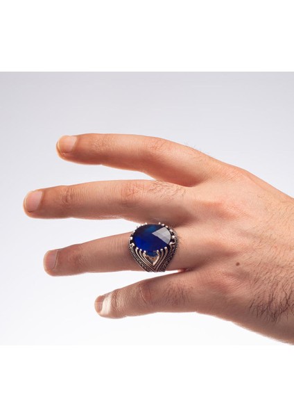 Fasetalı Zirkon Mavi Taşlı Gümüş Erkek Yüzük fırsatları